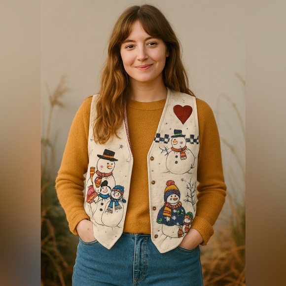 Vintage Christmas Snowman White Red Y2K 90s Women's Quilted Reversible Vest - Picture 1 of 10